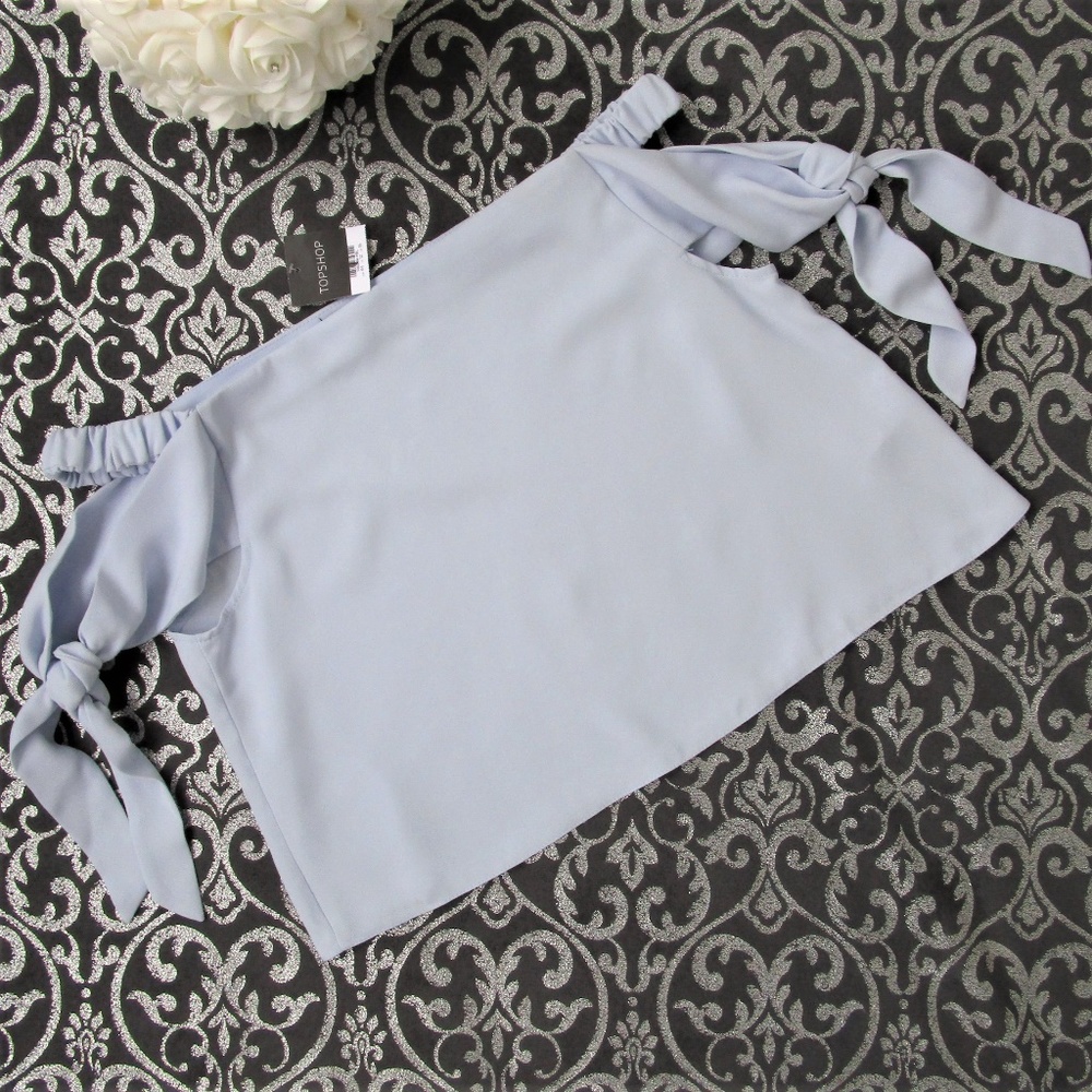 ❤️‍🔥 NWT Topshop Blue Off Shoulder Tie Sleeve Blouse 6 - Picture 3 of 6